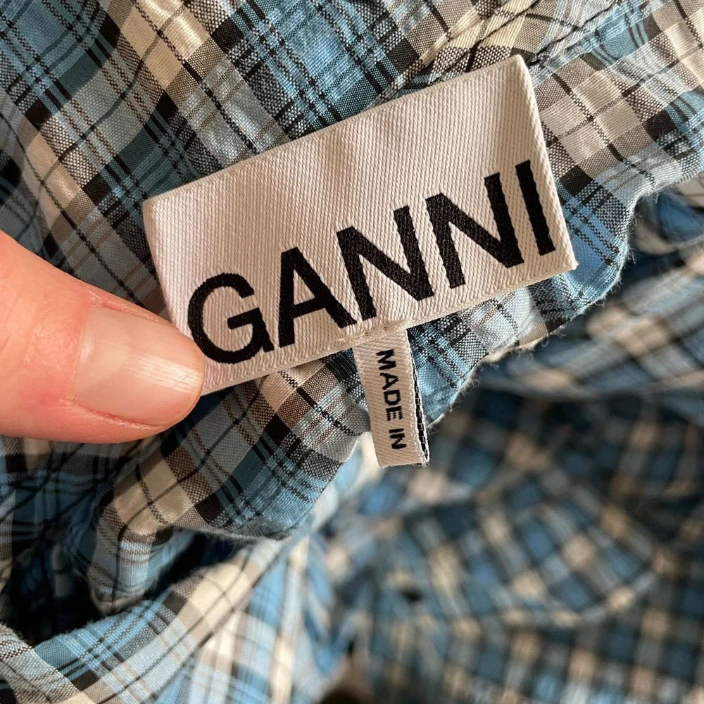 GANNI Seersucker Check V-Neck Ruffle Blouse in Azure Blue - Picture 9 of 14